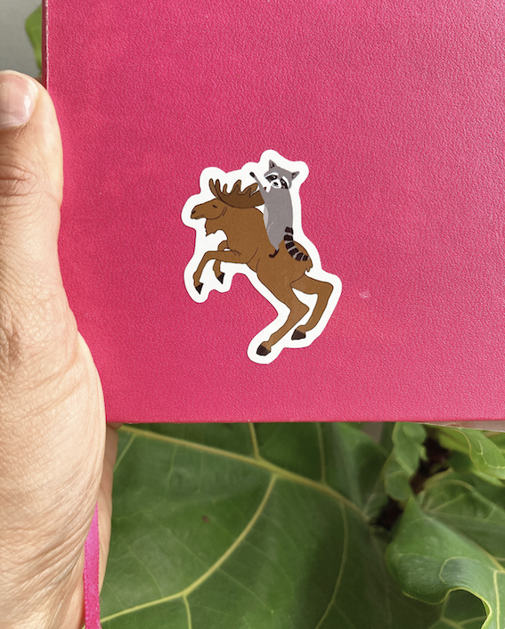 Raccoon Prancing Moose Sticker | Funny Canadian Wildlife Sticker | Napoleon Style Little Me in Big Canada