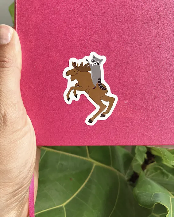 Raccoon Prancing Moose Sticker | Funny Canadian Wildlife Sticker | Napoleon Style Little Me in Big Canada