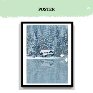 Snowy Cottage Lake Poster | Winter Forest Print | Canadian Landscape Wall Art