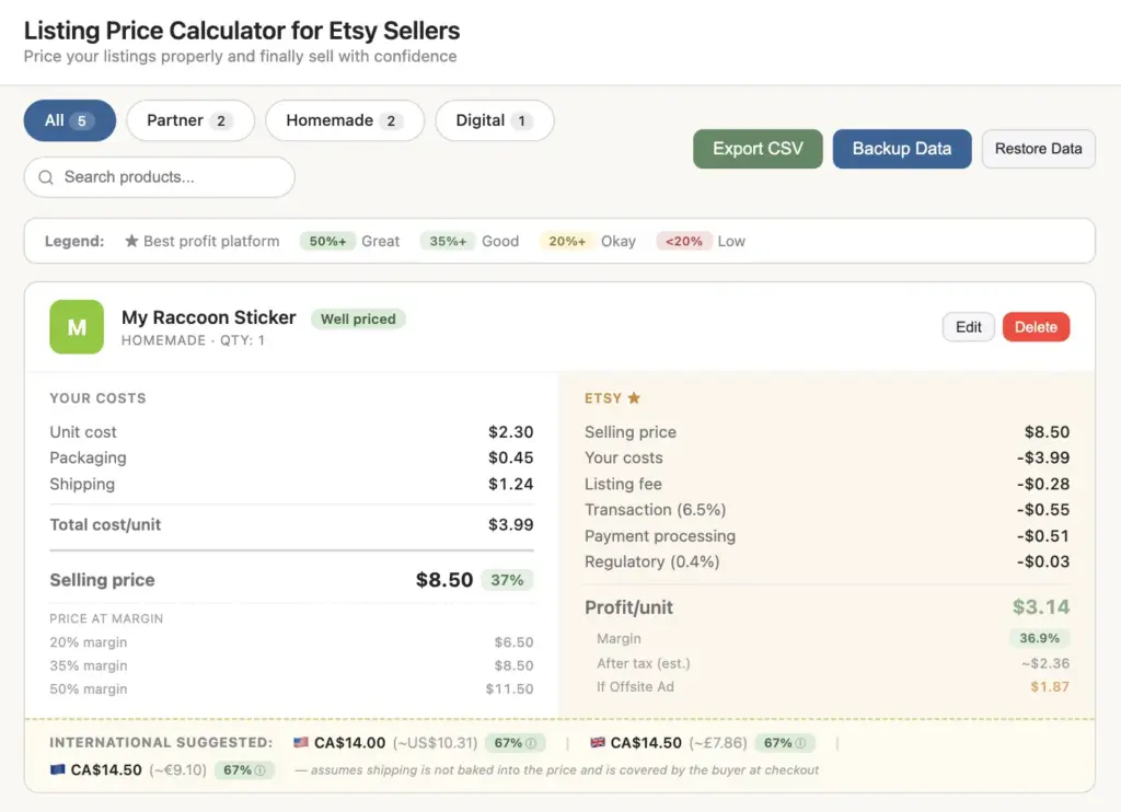 Listing Pricing Calculator for Etsy Sellers