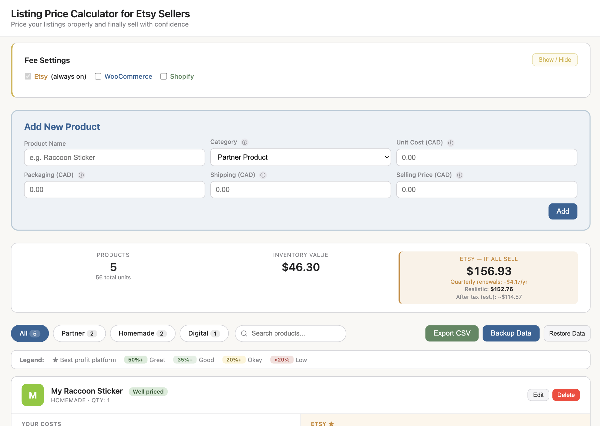 Listing Pricing Calculator for Etsy Sellers app by little me in big canada